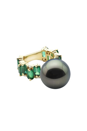 One of a Kind Earrings, 18K Yellow Gold with Emerald &  Tahitian Pearl